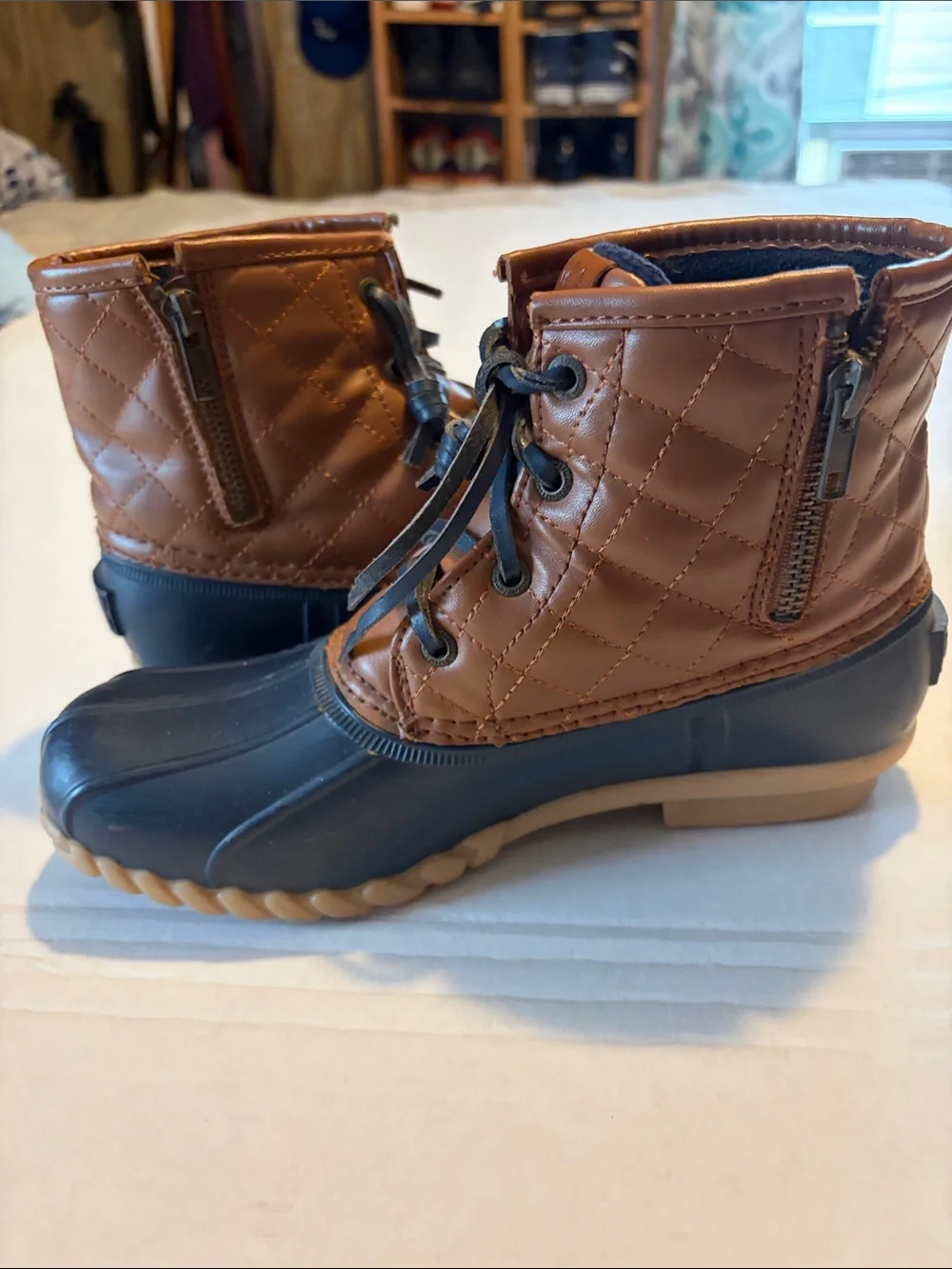 Nautica Brown Leather and Navy Rubber Duck Boots , size 7